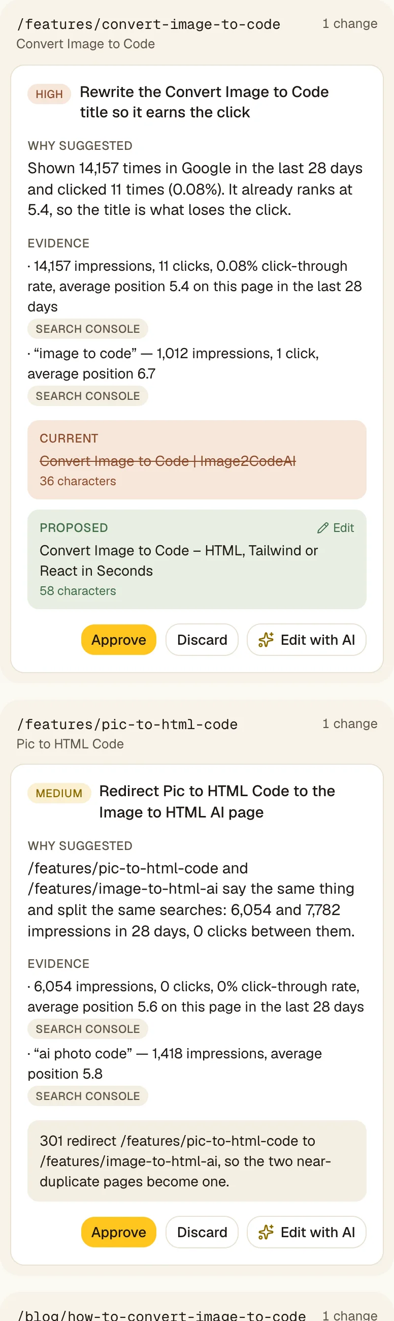 A drafted search title for /features/convert-image-to-code. Search Console evidence: 14,157 impressions and 11 clicks in 28 days at position 5.4. Current and proposed title side by side, with Approve, Discard and Edit with AI.